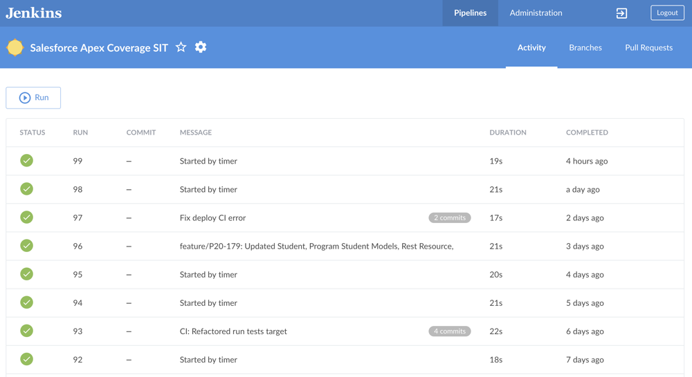 Pipeline run status view with build output logs for a Salesforce deployment